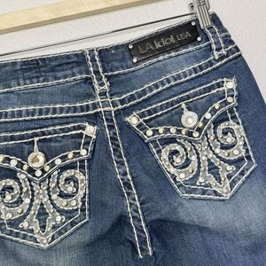 LA Idol USA Jeans Size 5 25 Bootcut Y2K Denim 28" Embellished Rhinestone Flare